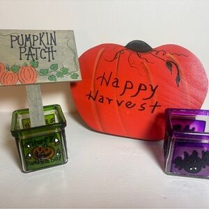 Fall Decor Bundle – Pumpkin Patch Sign, Happy Harvest Pumpkin, 2 Glass Holders